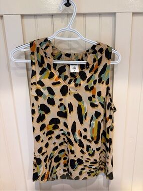 CAbi Beige Leopard-Print Sleeveless Shell with Black, Mustard & Teal Spots